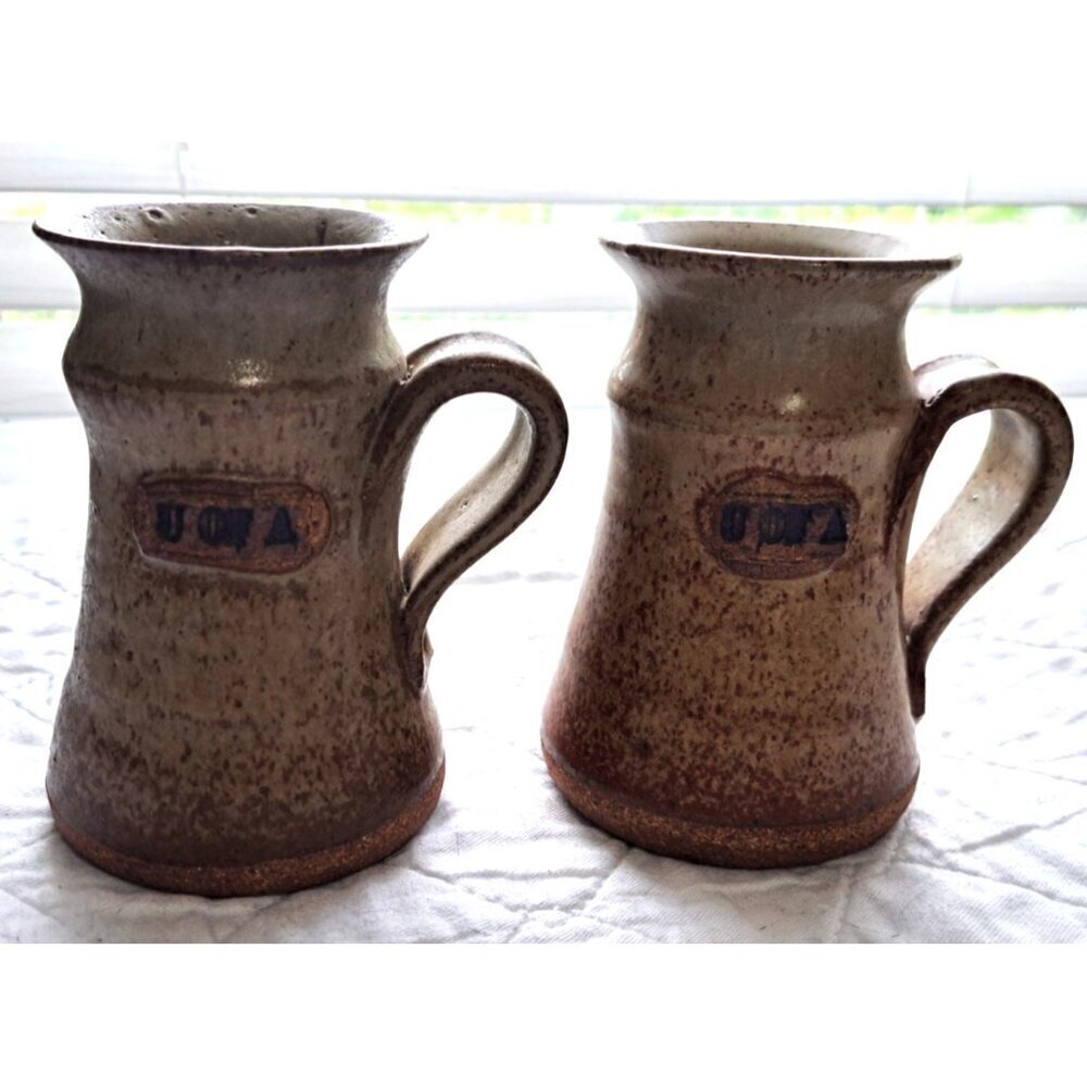 Set of 2 Handmade Brown Speckled Pottery Mugs Signed University of Arizona